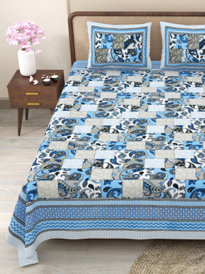 CLOTHOLOGY Cotton King Flat 240 TC Jaipuri Prints Bedsheet(Pack of 1, Blue, Grey)