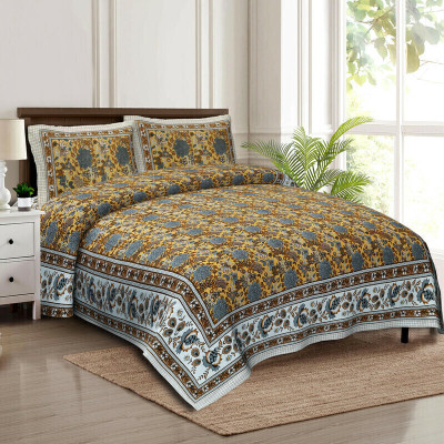 CLOTHOLOGY Cotton King Flat 240 TC Jaipuri Prints Bedsheet(Pack of 1, Yellow, Brown, Grey)