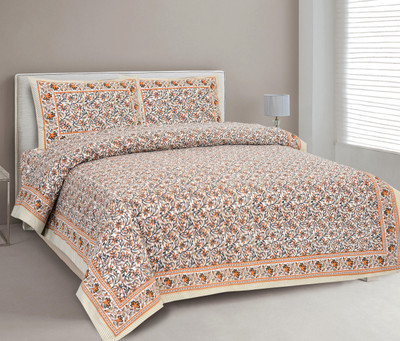 CLOTHOLOGY Cotton King Flat 240 TC Jaipuri Prints Bedsheet(Pack of 1, Golden, Cream, Dark Green)