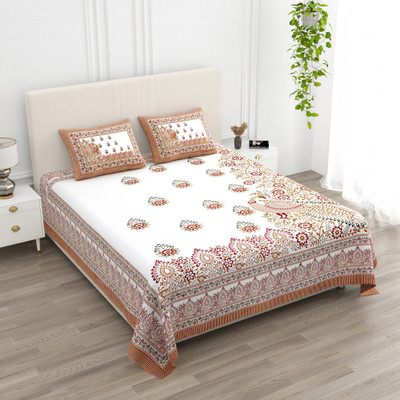 CLOTHOLOGY 240 TC Cotton King Jaipuri Prints Flat Bedsheet(Pack of 1, Brown, Red, Green)