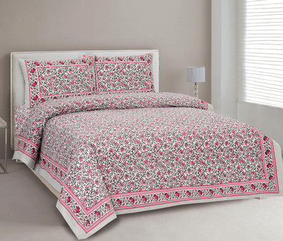 CLOTHOLOGY Cotton King Flat 240 TC Jaipuri Prints Bedsheet(Pack of 1, Pink, Grey, Dark Green)