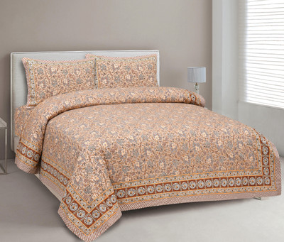 CLOTHOLOGY Cotton King Flat 240 TC Jaipuri Prints Bedsheet(Pack of 1, Brown, Grey)