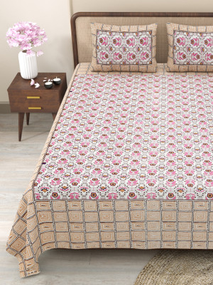 CLOTHOLOGY Cotton King Flat 240 TC Jaipuri Prints Bedsheet(Pack of 1, Peach, Brown, White)