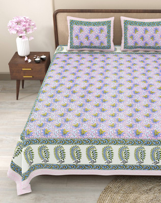 CLOTHOLOGY Cotton King Flat 240 TC Jaipuri Prints Bedsheet(Pack of 1, Purple, Pink, Cream)