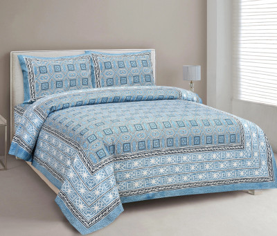 CLOTHOLOGY Cotton King Flat 240 TC Jaipuri Prints Bedsheet(Pack of 1, Blue, White)