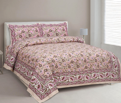 CLOTHOLOGY Cotton King Flat 240 TC Jaipuri Prints Bedsheet(Pack of 1, Pink, Brown, White)