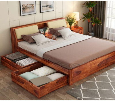 AMBICA WOODMART Sheesham Wood Queen Size Bed Queen Size Bed With Drawer Storage Queen Size cot Solid Wood Queen Drawer Bed(Finish Color - Honey Finish 4, Delivery Condition - DIY(Do-It-Yourself))