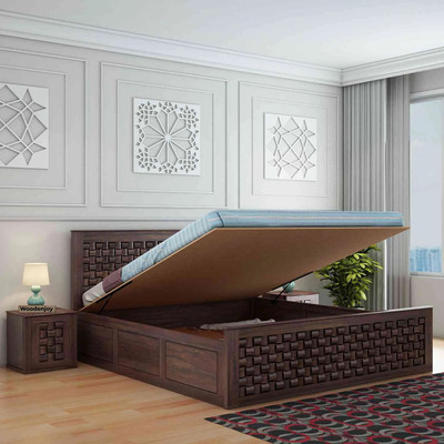 WOODENJOY Sheesham Wood Queen Bed/Wooden Bed With Hydraulic Storage/Wooden Palaung Solid Wood Queen Hydraulic Bed(Finish Color - Walnut-1, Delivery Condition - DIY(Do-It-Yourself))