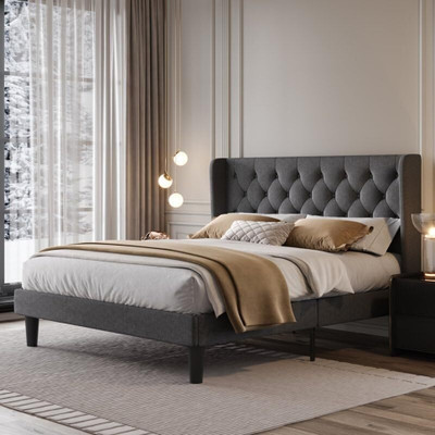 CRIGE Fabric King Size Bed For Hotel, Bedroom Engineered Wood King Bed(Finish Color - Grey Kaizen Finish, Delivery Condition - DIY(Do-It-Yourself))