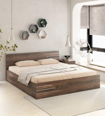 A GLOBIA CREATIONS Emora Engineered Wood Queen Box Bed(Finish Color - Natural Teak, Delivery Condition - Knock Down)