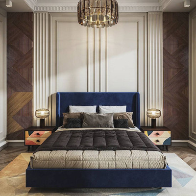 CRIGE Fabric Queen Size Bed For Hotel, Bedroom Engineered Wood Queen Bed(Finish Color - Blue Finish, Delivery Condition - DIY(Do-It-Yourself))