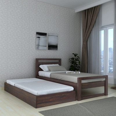 Ganpati Arts Sheesham Wood RIO Wooden Single Cot For Home/Single Trundle Bed With Storage Solid Wood Single Drawer Bed(Finish Color - Rio Walnut, Delivery Condition - DIY(Do-It-Yourself))