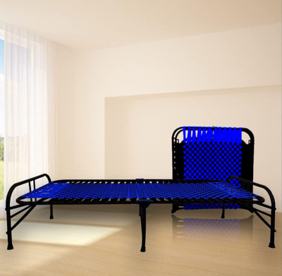 MEEZO portable Single Folding Bed Space Saving Design 3'X6' (Blue Classic Bed) Metal Single Bed(Finish Color - black, Delivery Condition - Pre-assembled)