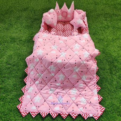 Motherhood Cotton Baby Bed Sized Bedding Set(Pink, Baby Bedding Tub with 1 Large baby Blanket 2 side supoorts baby Pillow and 1 Heart Shpe Baby Pillow 1 star and 1 Crown Pillow)