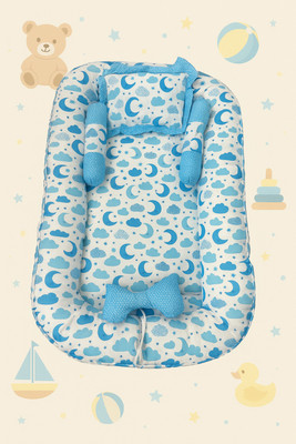 Hanshiika Collections Cotton Silk Blend Baby Bed Sized Bedding Set(Light Blue, A Moon Designed Sleeping Bed With 2 Bolsters And A Pillow)