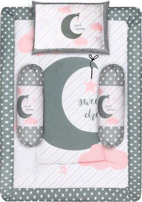 LOREM Cotton Baby Bed Sized Bedding Set(Grey, 1 Rectangle Bed, 2 Rolling Pillows, 1 Rectangle Pillow)