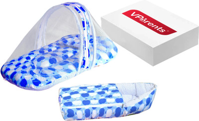 VParents Cotton Baby Bed Sized Bedding Set(Blue, 1 Bedding set with mosquito net and pillow, 1 baby Sleeping bag)