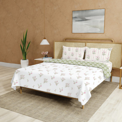 Urban Space Cotton Queen Sized Bedding Set(White, Pink, 1 Bedsheet, 2 Pillow covers, 1 Blanket)