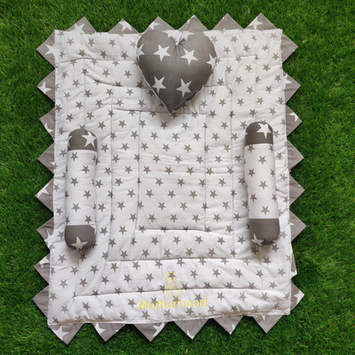 Motherhood Cotton Baby Bed Sized Bedding Set(Grey, White, 1 Baby Mattress, 2 side support baby pillow, and 1 heart baby pillow)