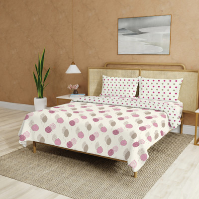 Urban Space Cotton Queen Sized Bedding Set(Pink, Beige, 1 Bedsheet, 2 Pillow covers, 1 Blanket)