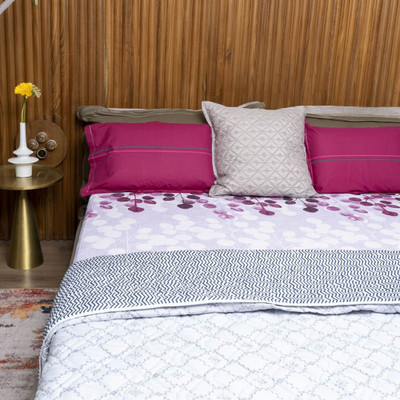 Urban Space Cotton Queen Sized Bedding Set(Mars Purple & California, 1 Bedsheet| |2 Pillow cover| |1 Blanket)
