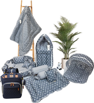 Fareto Cotton Baby Bed Sized Bedding Set(Grey, 1 MATRESS WITH NET, 1 SLEEPING BAG, 1 4PCS-SET, 2 LOTTAN, 1 SQUARE PILLOW, 1 U-SHAPE PILLOW, 1 Mother Bag)