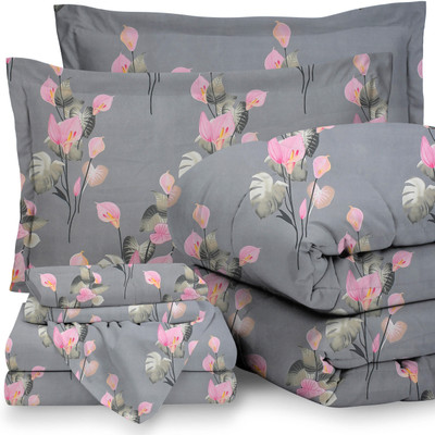 BSB HOME Cotton Double King Sized Bedding Set(Grey & Pink Multi4, 4PCS Set 1 Comforter 1 Bedsheet 2 Pillow Cover)