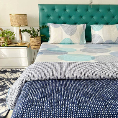 Urban Space Cotton Queen Sized Bedding Set(Oval Blue & Tokyo, 1 Bedsheet| |2 Pillow cover| |1 Blanket)