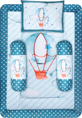 LOREM Cotton Baby Bed Sized Bedding Set(Blue, 1 Rectangle Bed, 2 Rolling Pillows, 1 Rectangle Pillow)