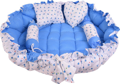 The Kiddystore Cotton Baby Bed Sized Bedding Set(Blue, 1 Baby Reversible Nest Bedding Round Tub Bed, 2 Soft Bolsters, 1 Square Pillows, 1 Heart Pillow)