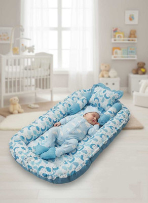 Hanshiika Collections Cotton Silk Blend Baby Bed Sized Bedding Set(Light Blue, White, A Sleeping Bed With 2 Bolsters And A Pillow)