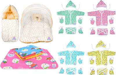 adore stuff Baby Bedding Set and Heart Mosquito Net Peach | 4 Mats | 4 Clothing Set Sleeping Bag