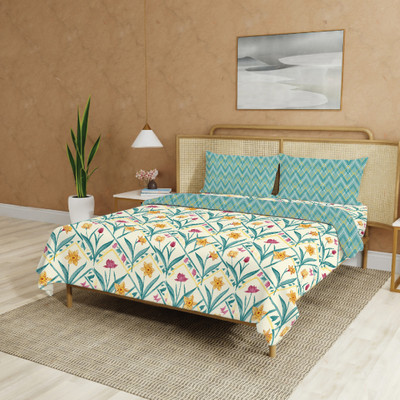 Urban Space Cotton Queen Sized Bedding Set(Blue, Beige, 1 Bedsheet, 2 Pillow covers, 1 Blanket)