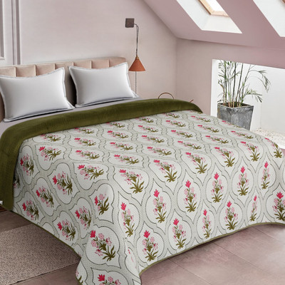 DREAM WEAVERZ Cotton Double King Sized Bedding Set(Green, 1 Double king bed cover)