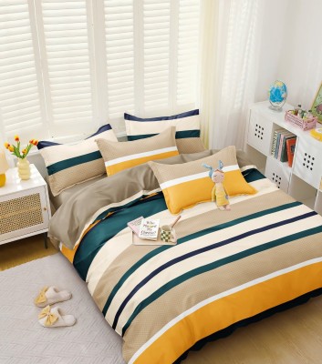 RARE BIRD 210 TC Polycotton Double Striped Fitted (Elastic) Bedsheet(Pack of 1, Multicolor)
