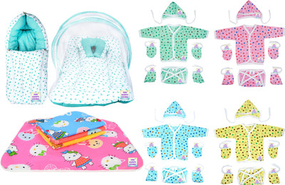 adore stuff Baby Bedding Set and Heart Mosquito Net Light Blue| 4 Mats | 4 Clothing Set Sleeping Bag