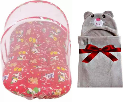 BABY ZONE Cotton, Polyester Single Sized Bedding Set(Red, Grey, 1 Pc. Baby Bedding with a Mosquito Net and 1 Pc. AC Blanket Combo Set)
