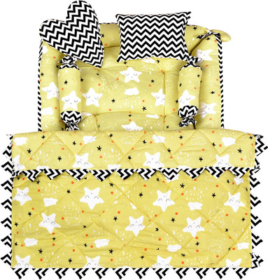SOPARK Cotton Baby Bed Sized Bedding Set(Yellow, 1 Rectangle Bed, 2 Rolling Pillows, 1 Heart & Rectangle Pillows with Sleeping Mattress (Godari))