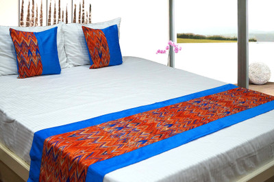 Vissage Polyester Double King Sized Bedding Set(Blue, Red, Pack of 1 Double Runner + 2 Cushion Covers)