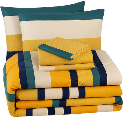 VAS COLLECTIONS Cotton Double King Sized Bedding Set(Orange, Green, 4PCS SET -1 Double Bed Comforter, 1 Flat bedsheets, 2 Pillows covers)