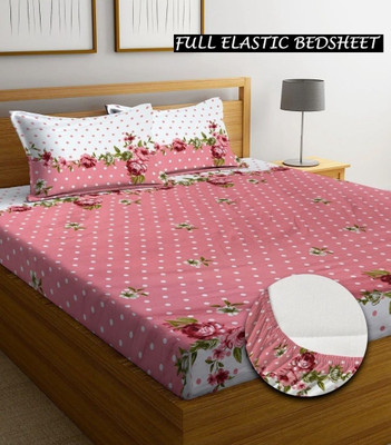 ABC Polycotton Super King, King, Queen, Double Fitted (Elastic) 180 TC Printed Bedsheet(Pack of 1, Pink)