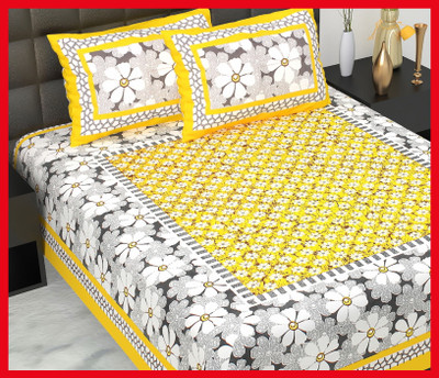 BedZone Cotton Double Flat 210 TC Jaipuri Prints Bedsheet(Pack of 1, Yellow)