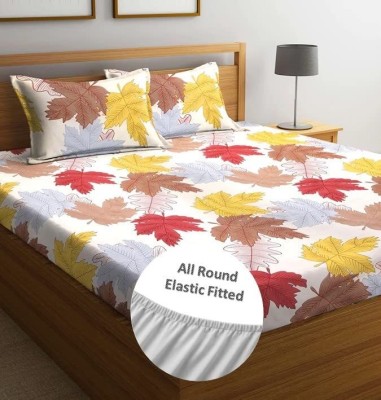 VIKCLIQUE 240 TC Cotton Double Printed Fitted (Elastic) Bedsheet(Pack of 1, FittedCreamYellowRedLeaf19)