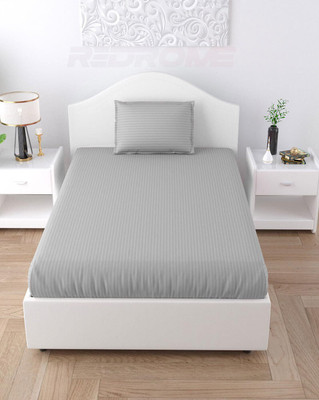 WUSA Satin Single Flat 210 TC Striped Bedsheet(Pack of 1, Grey)