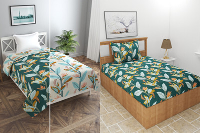 MORADO 210 TC Polycotton Single Floral Flat Bedsheet(Pack of 2, Green)