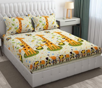 VORDVIGO 300 TC Cotton Queen Floral Fitted (Elastic) Bedsheet(Pack of 1, Giraffe)
