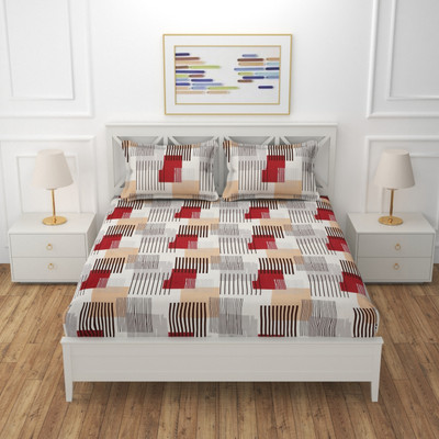 OSONIC 250 TC Microfiber King Geometric Fitted (Elastic) Bedsheet(Pack of 1, White & Multicolor)