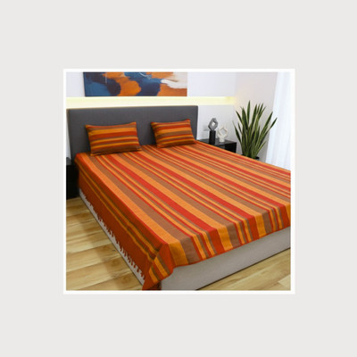 RUSHKO Cotton Double Flat 210 TC Striped Bedsheet(Pack of 1, Orange, Yellow, Green, Maroon)
