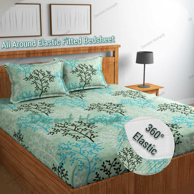 Decent Home Cotton Double Fitted (Elastic) 240 TC Floral Bedsheet(Pack of 1, Fitted Green premium)