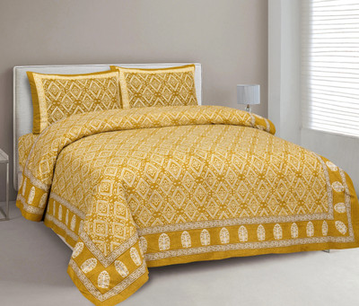 CLOTHOLOGY Cotton King Flat 240 TC Jaipuri Prints Bedsheet(Pack of 1, YELLOW,GOLDEN,WHITE)